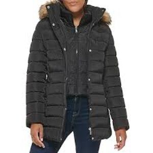 Tommy Hilfiger WoMen's Black Puffer Jacket with Faux Fur Hood XL
